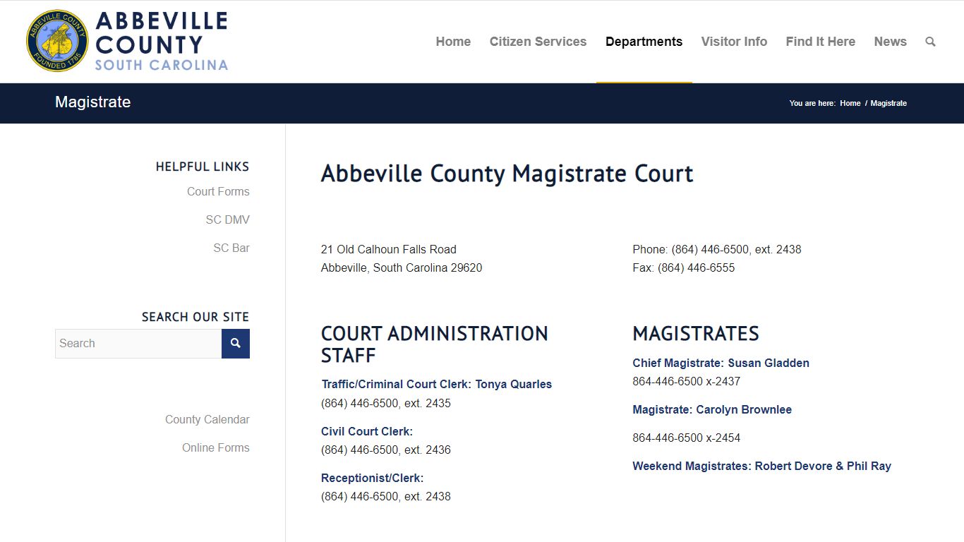 Magistrate - Abbeville County, South Carolina